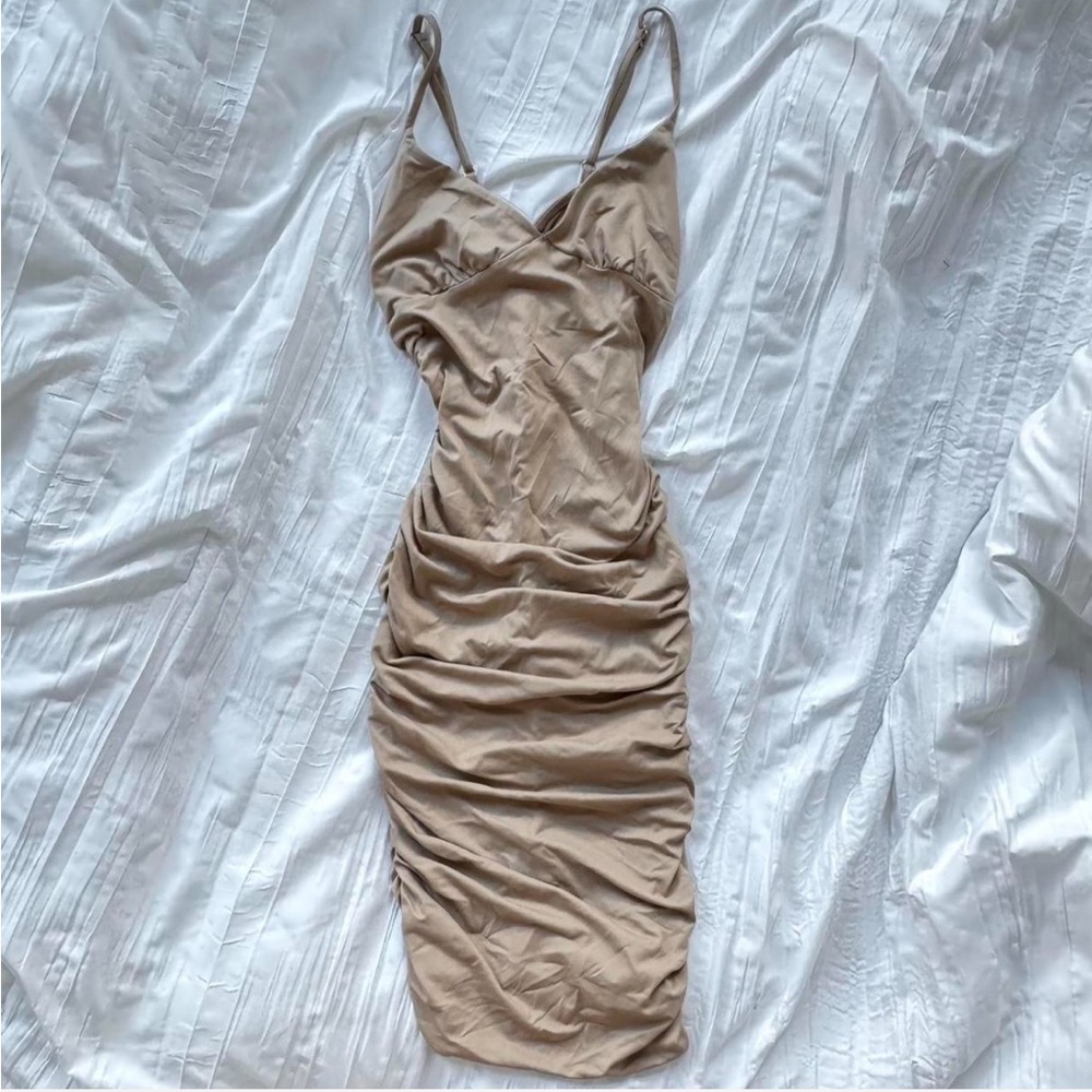 Tan Ruched Bodycon Dress - Picture 2 of 4